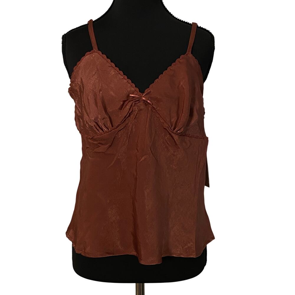 NWT Y2K Satin Cami Ginger Brown Lace Trim Bow Tank XL‎ 16/18 Empire Adjustable